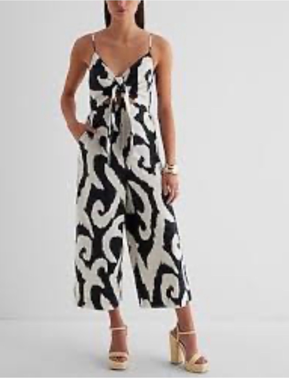 Express Black and White Tie-Front Wide-Leg Jumpsuit